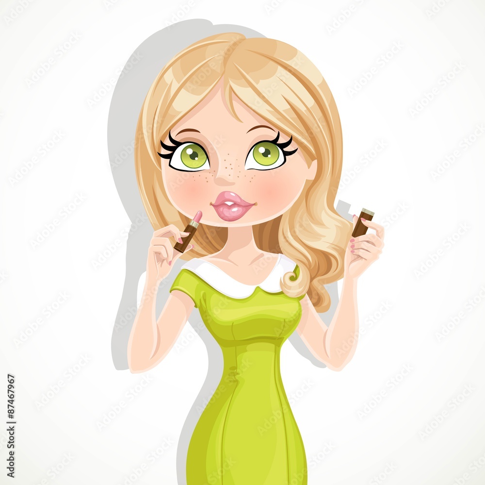 Beautiful blond girl in green dress color lipstick isolated on a Beautiful blond girl in green dress color lipstick isolated on a