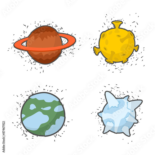 Set of planets on a white background: the Moon and Saturn, ice p