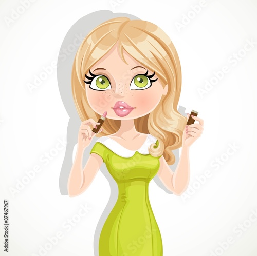 Beautiful blond girl in green dress color lipstick isolated on a