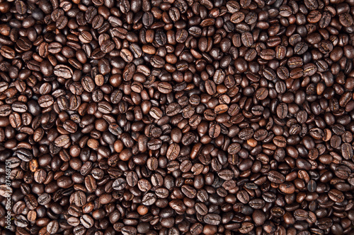 Roasted coffee beans. Top view.