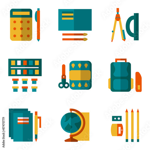 Simple color icons set for school supplies