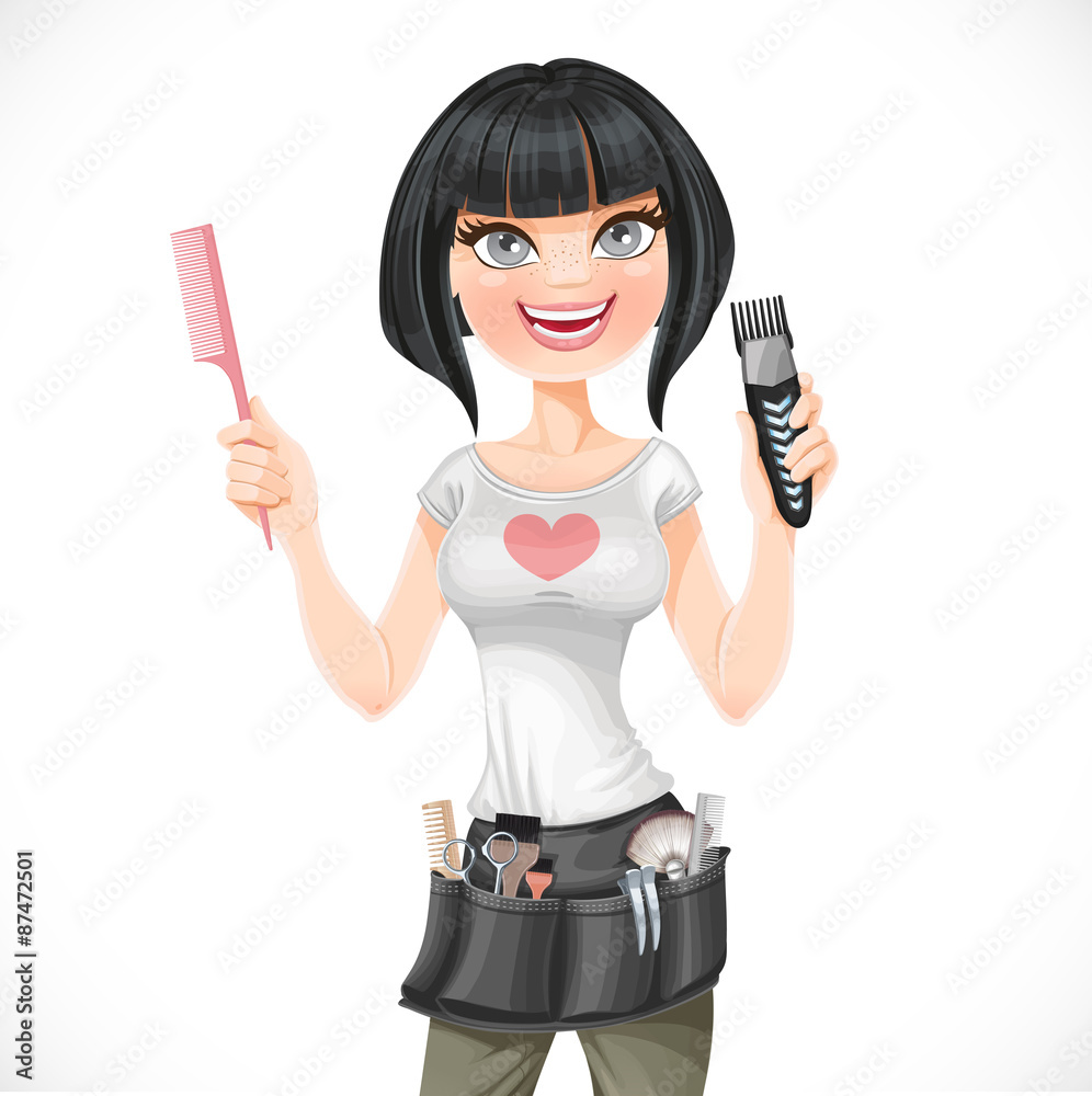 Beautiful brunette hairdresser with the hair clipper portrait isolated on a white background Beautiful brunette hairdresser with the hair clipper portrait isolated on a white background