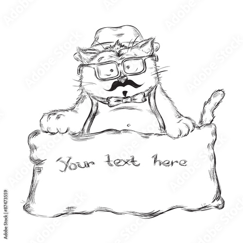 Hipster cat holding banner with space for your text, vector illustration isolated on white background