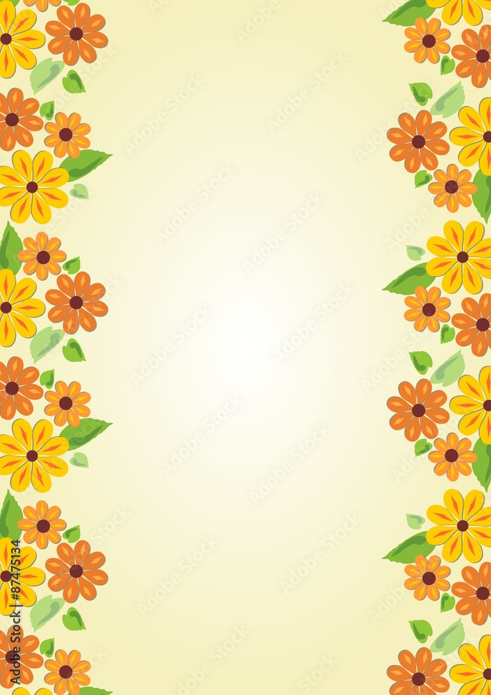 Beauty cheerful yellow background with floral motif on the sides. Vertical oriented template with place for own message on old yellowed paper area Beauty cheerful yellow background with floral motif on the sides. Vertical oriented template with place for own message on old yellowed paper area