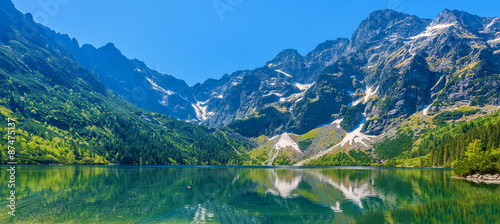 Panoramic view of green water Morskie Oko lake, Tatra Mountains, Poland
