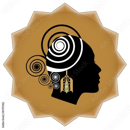 Women face profile silhouette with art deco golden earring on background in star shape. Promotional emblem for goldsmith and jewelry sale.