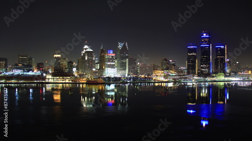 Detroit Skyline Night Time Lapse. Detroit city skyline during a winter night shot in time lapse. Images taken through a double-paned window, so please note the reflections above the brighter lights.