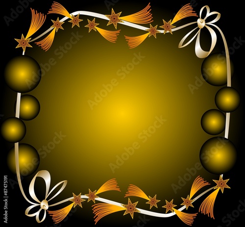 Dark Christmas background with bright comets and balls in a ribbon frame, place for own text - greeting, invitation