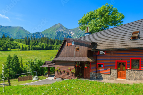 Typical wooden house on green meadow with Tatry Bielskie Mountains in background in summer, Slovakia #87475560