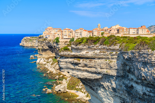 View of Bonifacio old town built on top of cliff rocks, Corsica island, France