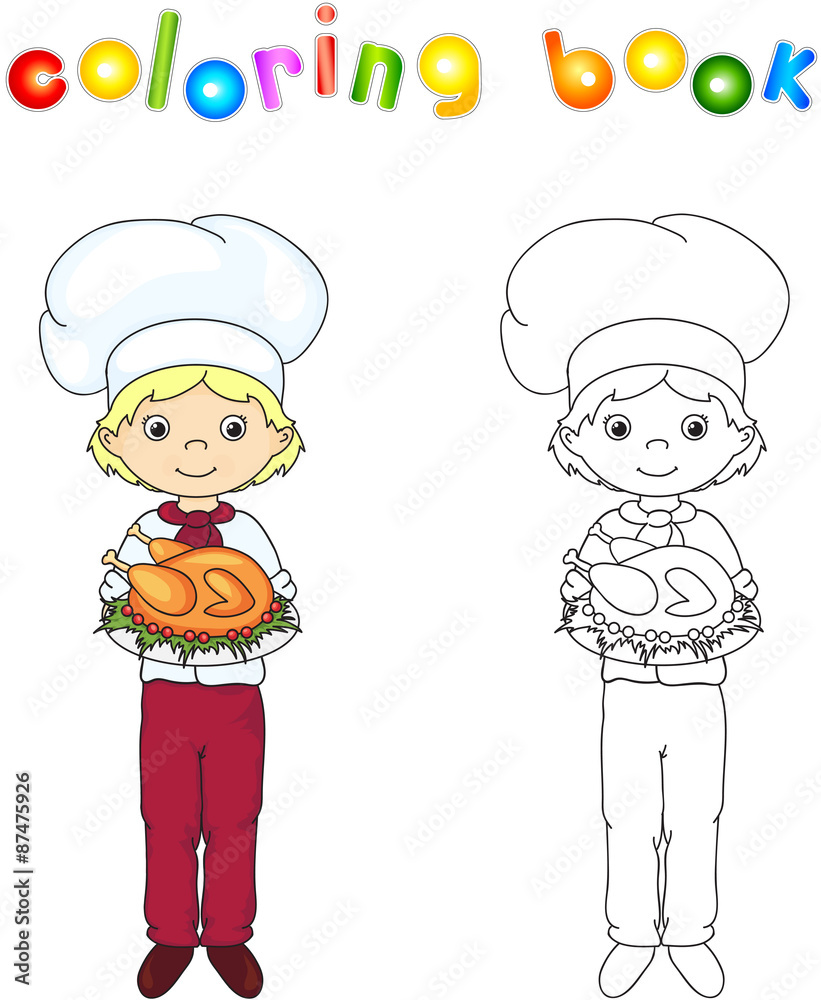 Cook or waiter in his uniform and toques with roasted chicken on Cook or waiter in his uniform and toques with roasted chicken on
