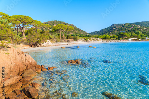 Azure crystal clear sea water of Palombaggia beach on Corsica island, France