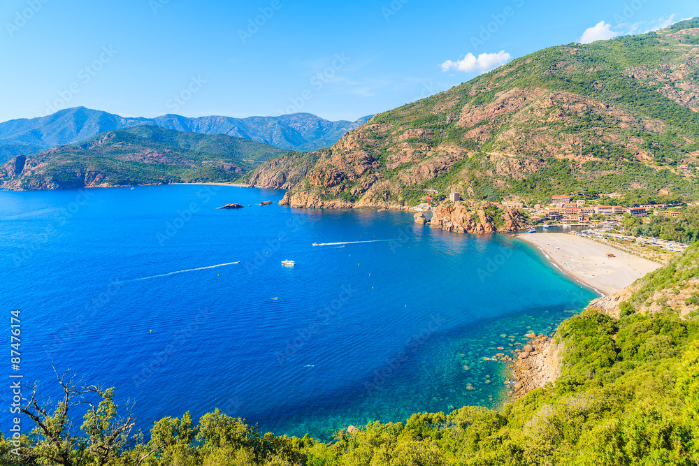 Beautiful bay with azure sea water in Porto town, Corsica island, France