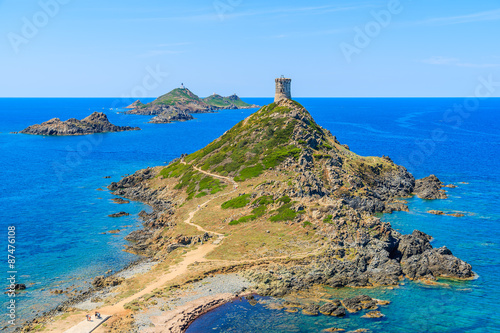 View of tower on Cape de la Parata, Corsica island, France