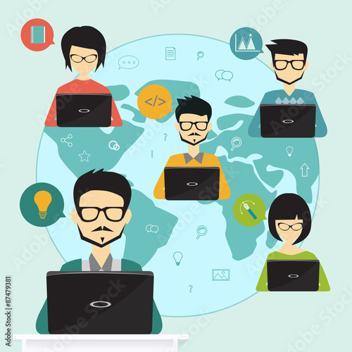 teamwork concept, freelancer working in collaboration with coworkers over internet