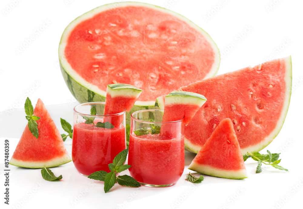 Watermelon drink in glasses with slices of watermelon