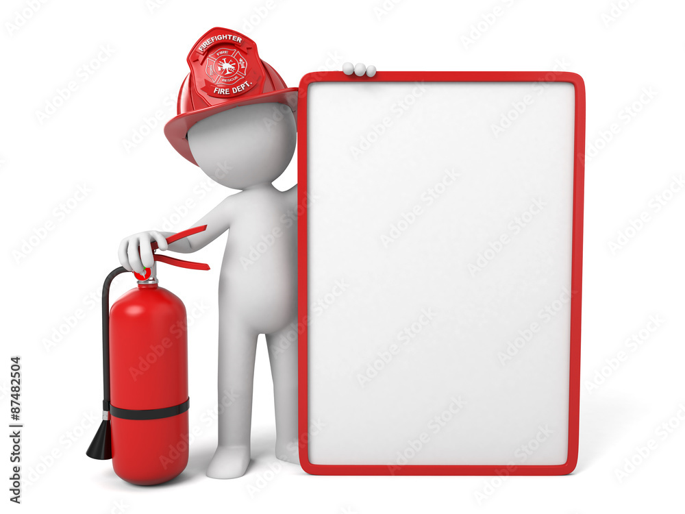 Fototapeta premium A 3d fireman standing with a helmet. 3d image. Isolated white background