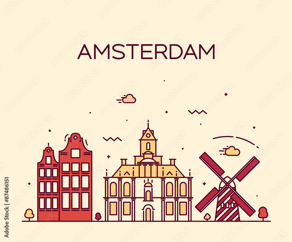 Amsterdam City skyline Trendy vector line art