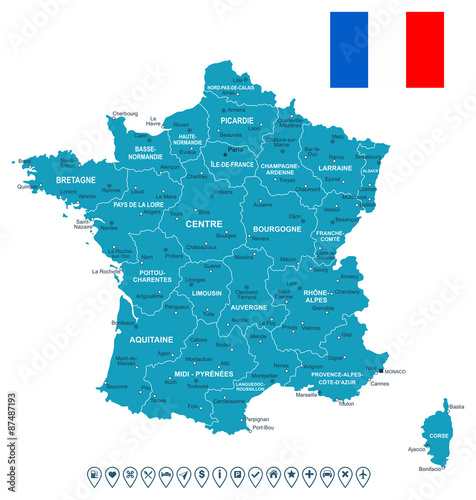 France map, flag and navigation labels. Highly detailed vector illustration. Image contains land contours, country and land names, city names, flag, navigation icons.