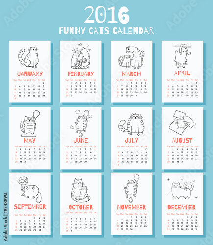 New 2016 year calendar with cute funny cartoons cats