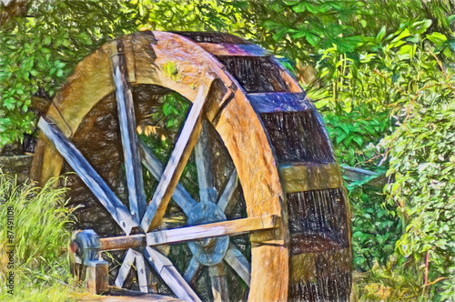 old water wheel  - illustration based on own photo image