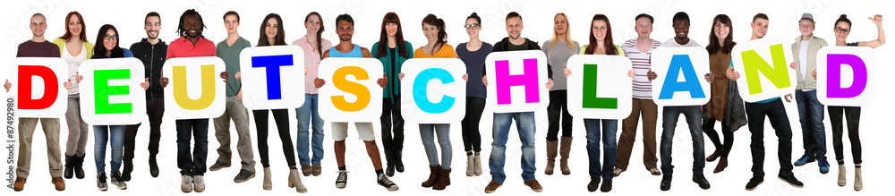 Gruppe junge Leute People multikulturell halten Wort Deutschland Gruppe junge Leute People multikulturell halten Wort Deutschland