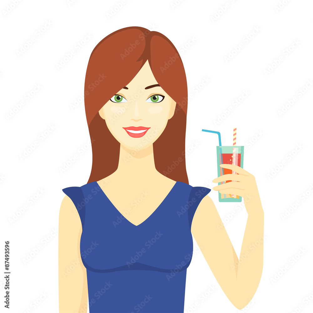 Illustration of a young woman with glass fresh juice. Illustration of a young woman with glass fresh juice.