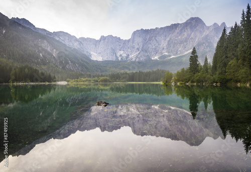 alpine mountain peaks reflecting in a mountain lake