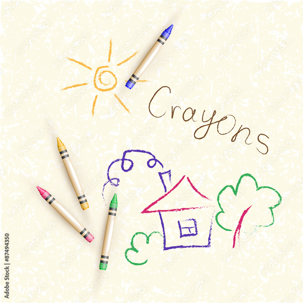 Vector background with children's drawings of houses, trees and sun ...