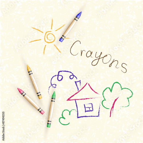Vector background with children's drawings of houses, trees and sun with scattered wax crayons