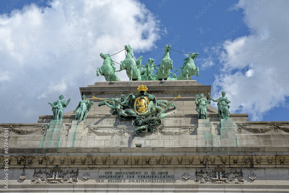 Architectural details of historical Triumphal Arch in Cinquantenaire Parc in Brussels, Belgium
