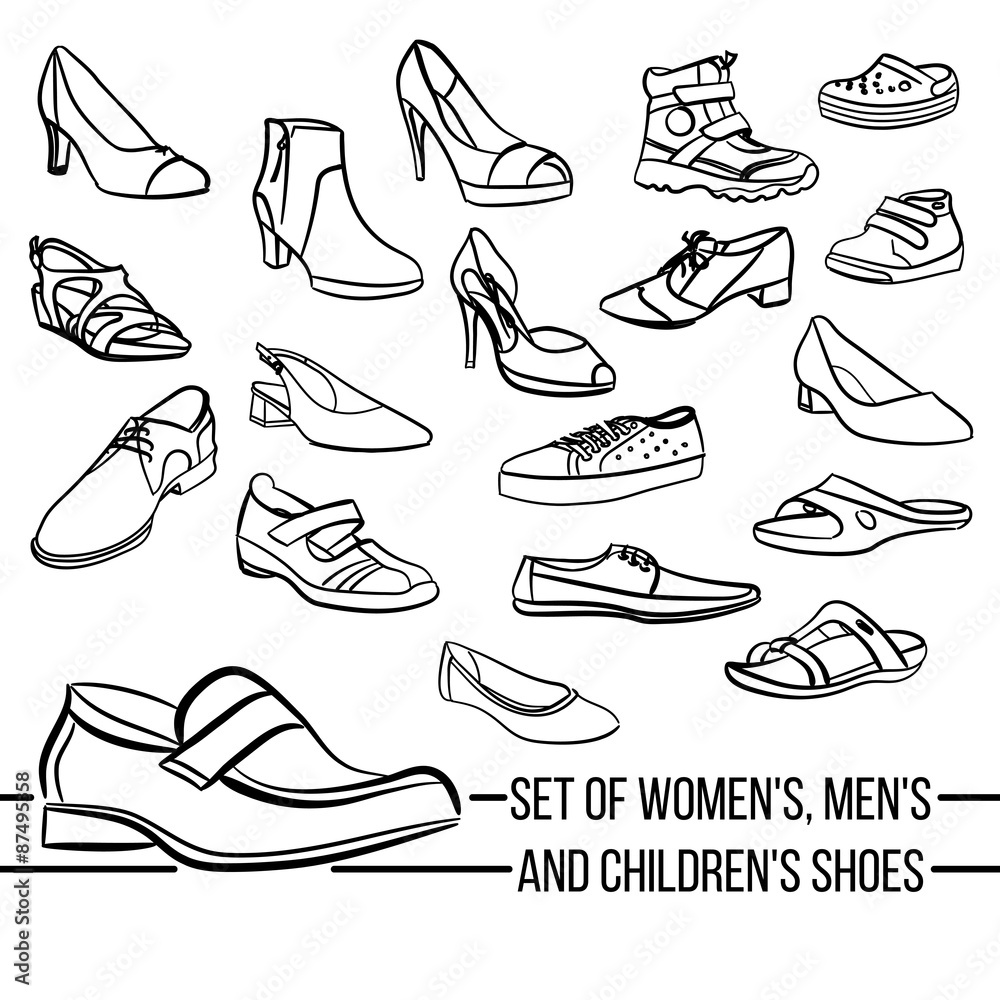 Set vector women, men and children's shoes painted lines - obrazy, fototapety, plakaty 