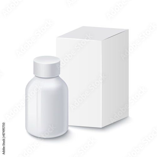 Medical plastic bottle for pills with cardboard packaging, isolated on white background