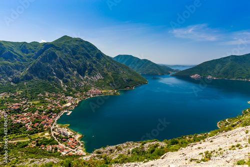 Montenegro seashore  Bay of Kotor   Beautiful landscape with Risan town  sea and mountains. Montenegro