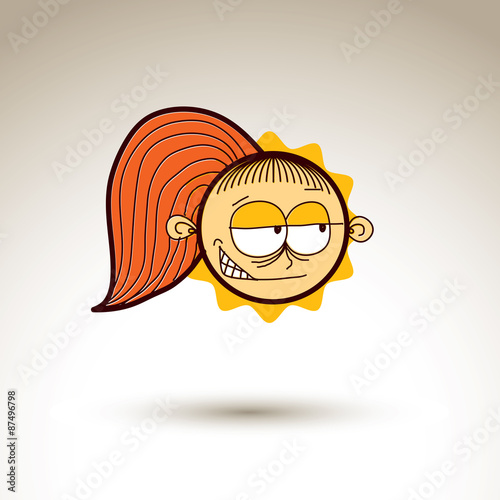Vector hand drawn doubtful girl with fashionable hairdo. Facial