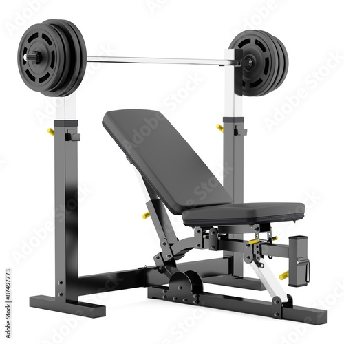 gym adjustable weight bench with barbell isolated on white backg