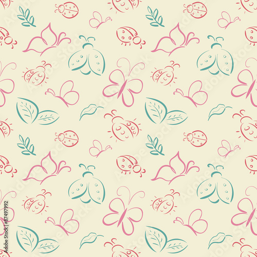 Vector seamless tiling pattern with hand drawn butterflies and l