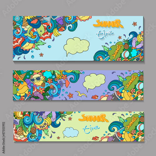 Vector banner templates set with doodles summer time theme