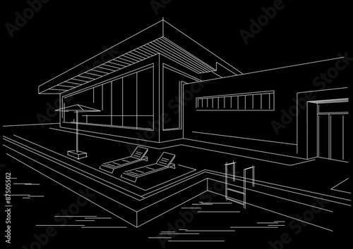 architectural linear sketch vacation home with pool black background