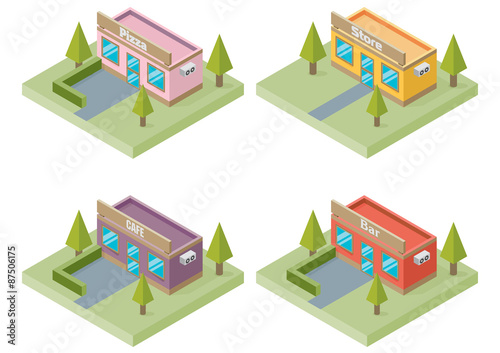 Set of buildings: bar, store, pizza, cafe. Isometric style © mix3r
