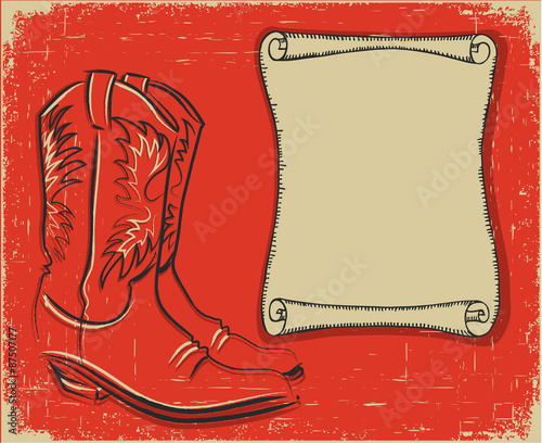 Cowboy boots and scroll paper background for text