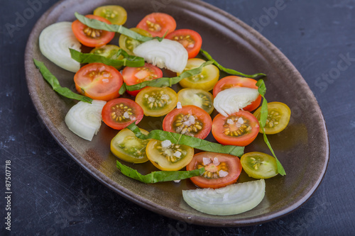 Colorful tomato salad with onion
