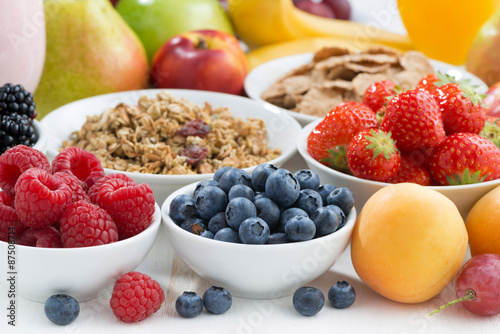 fresh berries, fruit and muesli for breakfast, close-up