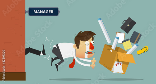 Sadness businessman being kicked out of the door by his boss.  Cartoon character. Vector Illustration