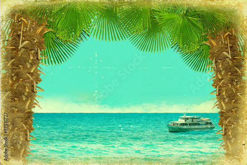 Tropical collage with cruise ship.Seascape background on vintage