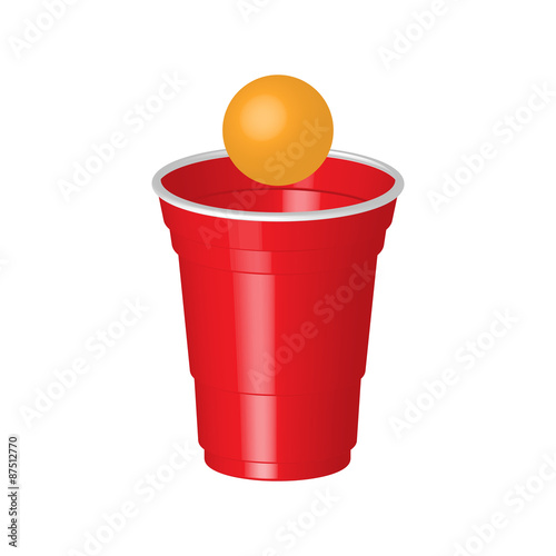 Red party cup with ping pong ball, isolated on white background