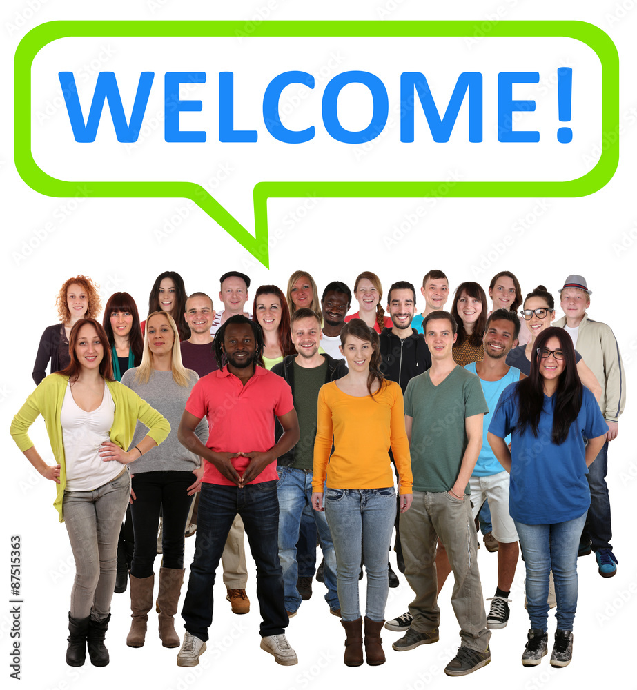 Group of happy young people with word welcome Stock Photo | Adobe ...