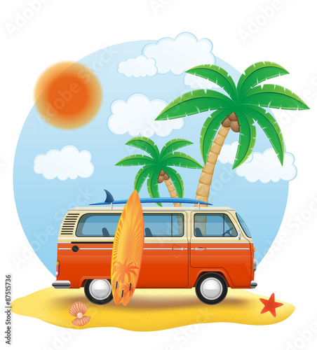 retro minivan with a surfboard on the beach vector illustration