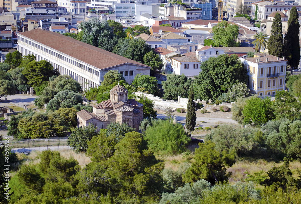 stoa of Attalos and an old church in Athens Greece
