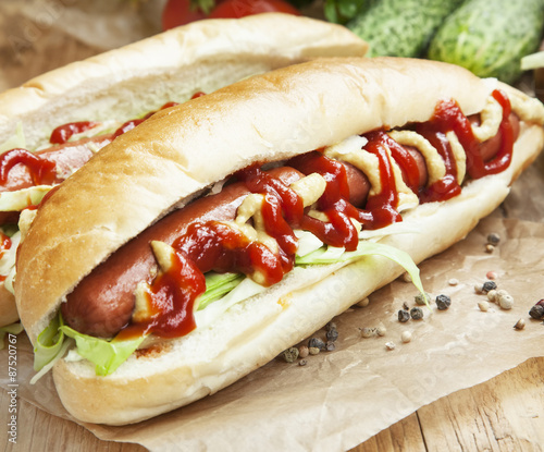 Hot-Dog Meal with Sausages, Mustard Sauce and Ketchup